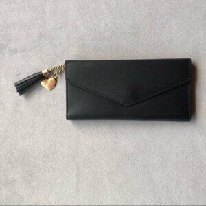 Bifold Long Wallet ~ Black with Heart  Fringe Tassel ~ Brand New